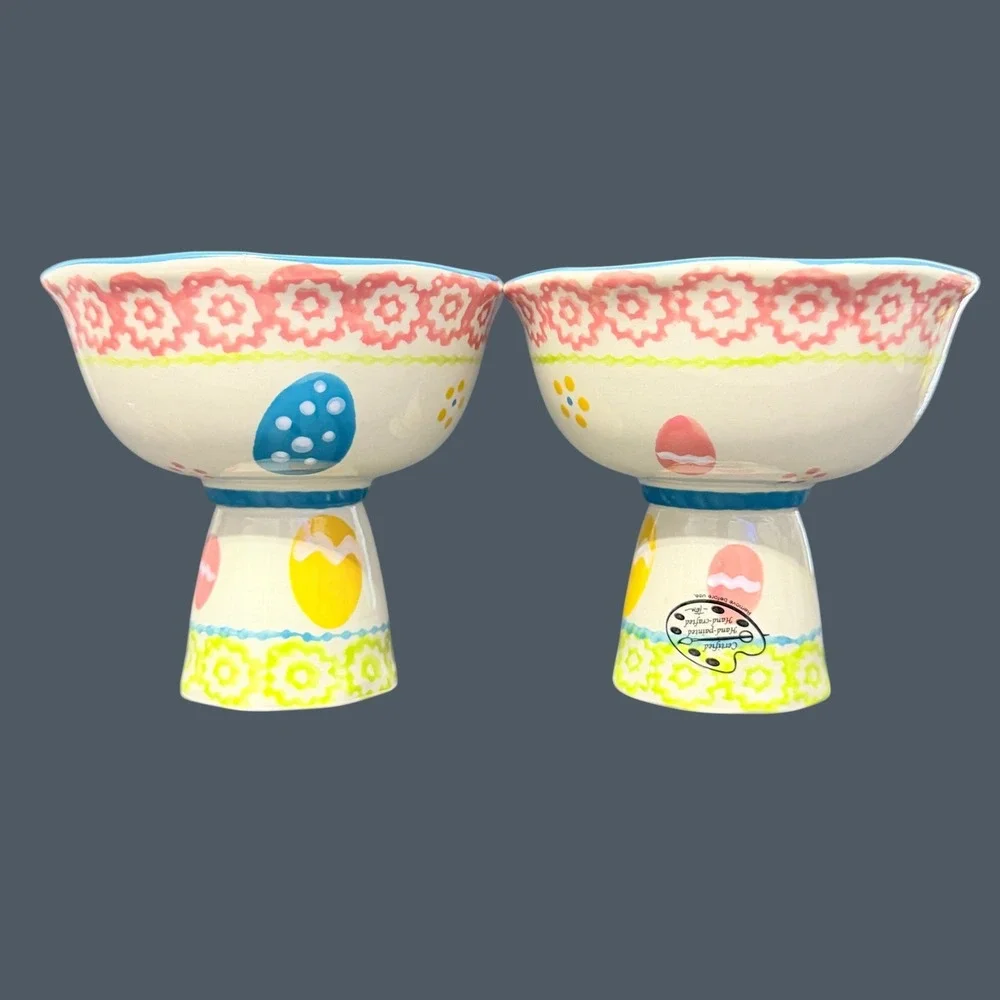Temp-tations by Tara Easter Egg Pedestal Serving Bowls Set of 2 Hand Painted